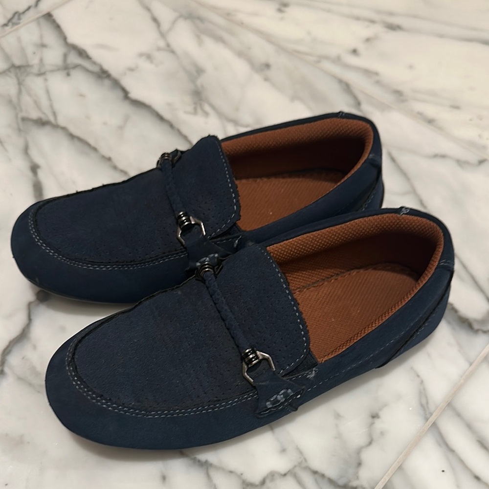 Blue and Brown Suede boys Slip-On Loafers with Metallic Accent